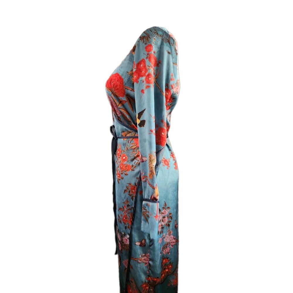ZARA Teal Asian Inspired Kimono Long Wrap Duster Size Small 2740/745 - Picture 4 of 8